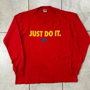 VINTAGE 80s Nike Just Do It Swoosh Logo Red Long Sleeve Size L USA